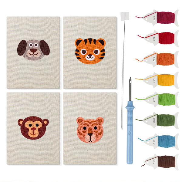 Tiger Cub Faces mini punch needle kit set: four finished canvases with threads, punch needle and threader