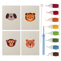Tiger Cub Faces mini punch needle kit set: four finished canvases with threads, punch needle and threader