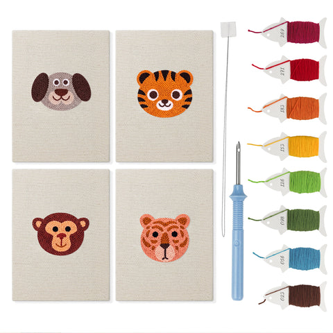 Tiger Cub Faces mini punch needle kit set: four finished canvases with threads, punch needle and threader