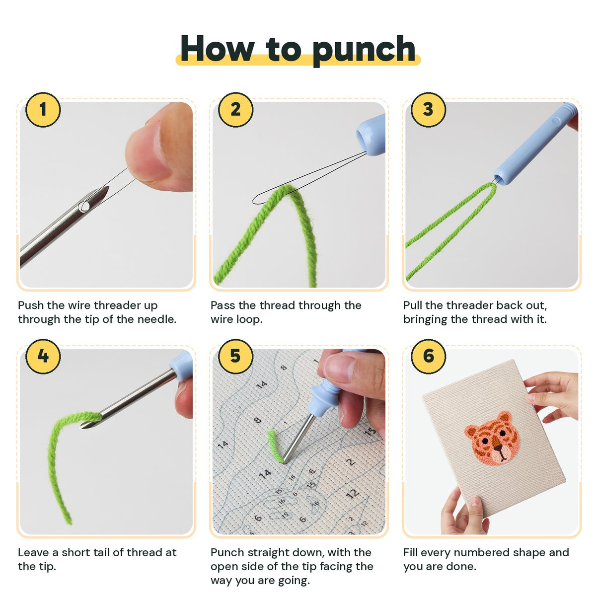 Six steps showing how to thread and use the punch needle
