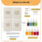 What is in the Tiger Cub Faces set, 8 × 12 in (20 × 30 cm) each: 4 printed canvases, punch needle, threader, threads, color guide and 4 sets of hangers