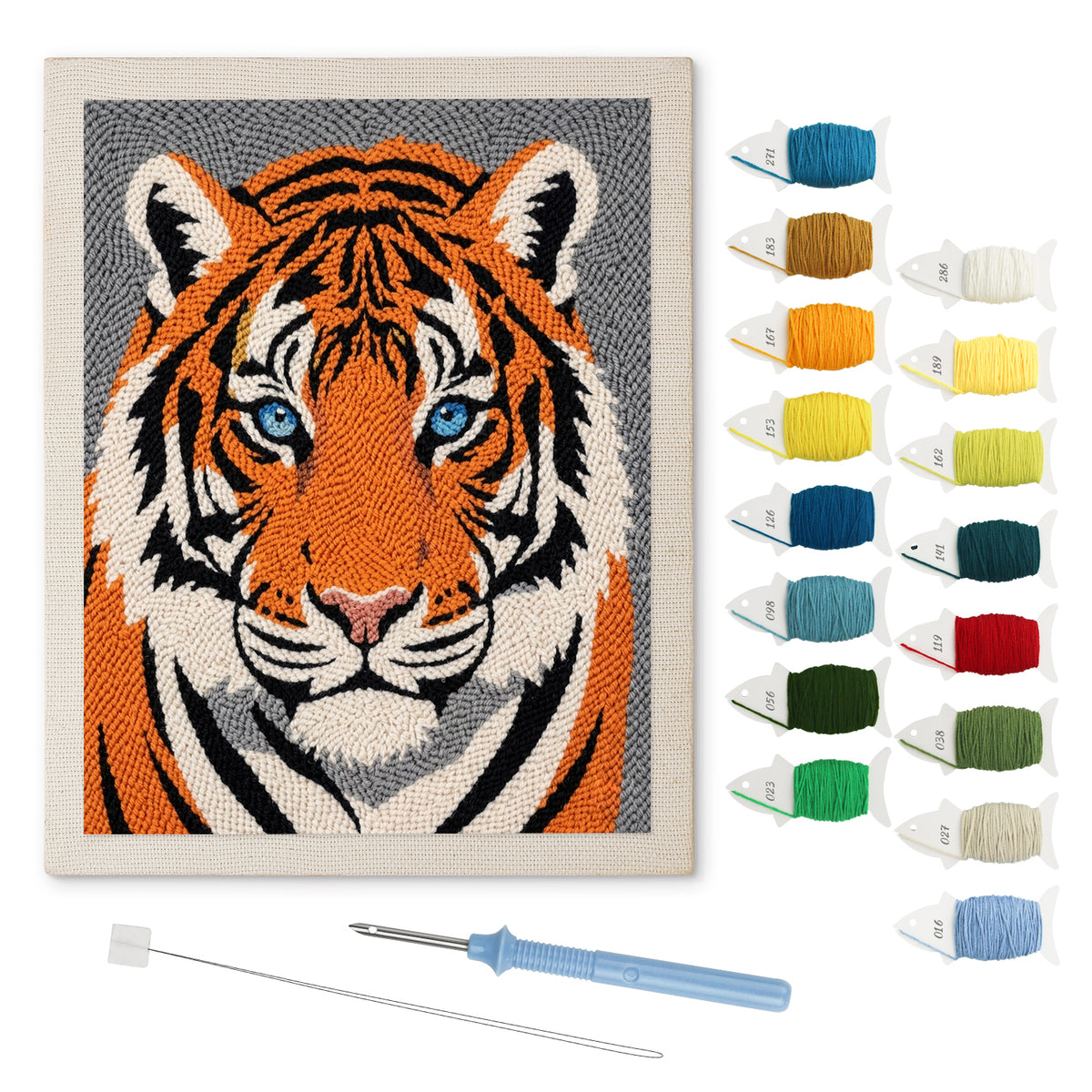 Tiger Face punch needle kit: finished canvas with threads, punch needle and threader