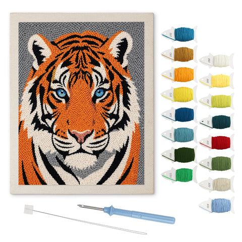 Tiger Face punch needle kit: finished canvas with threads, punch needle and threader