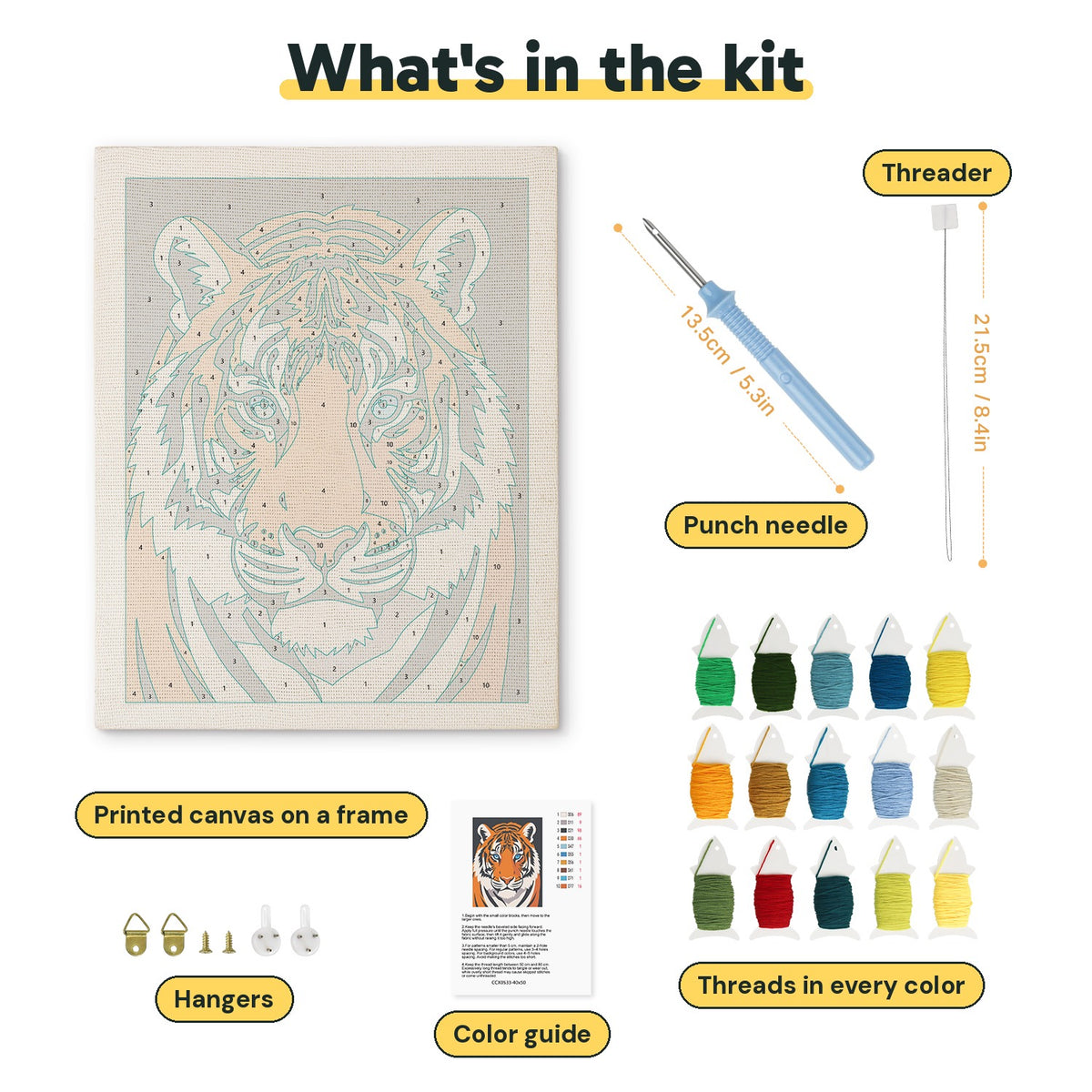 What is in the Tiger Face kit: printed canvas, punch needle, threader, threads, color guide and hangers