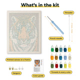 What is in the Tiger Face kit: printed canvas, punch needle, threader, threads, color guide and hangers