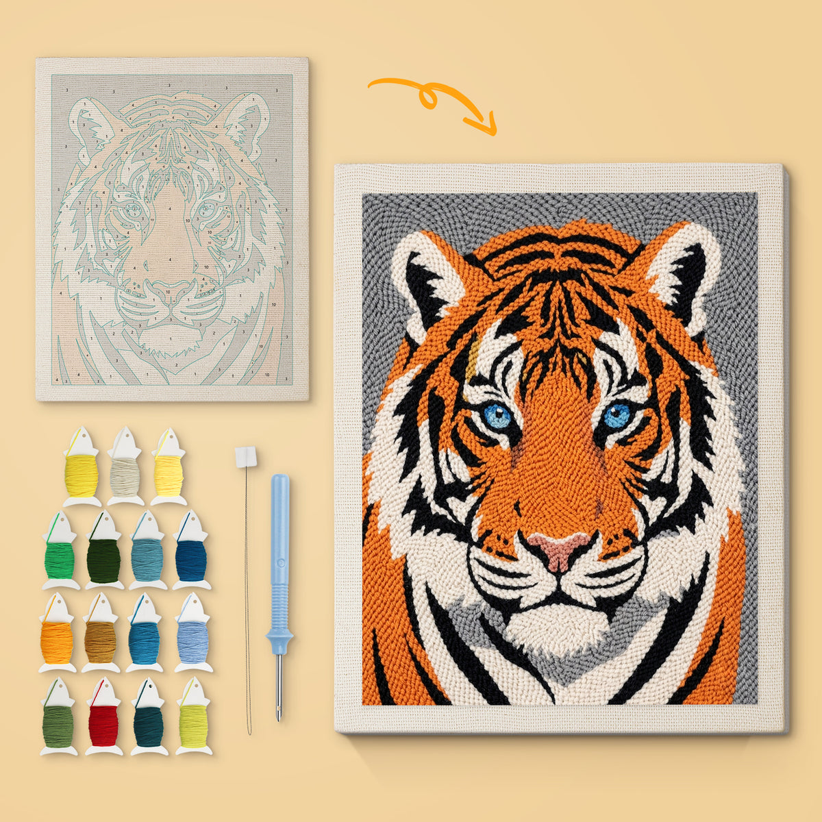 Tiger Face canvas before and after punching, with the threads and tools