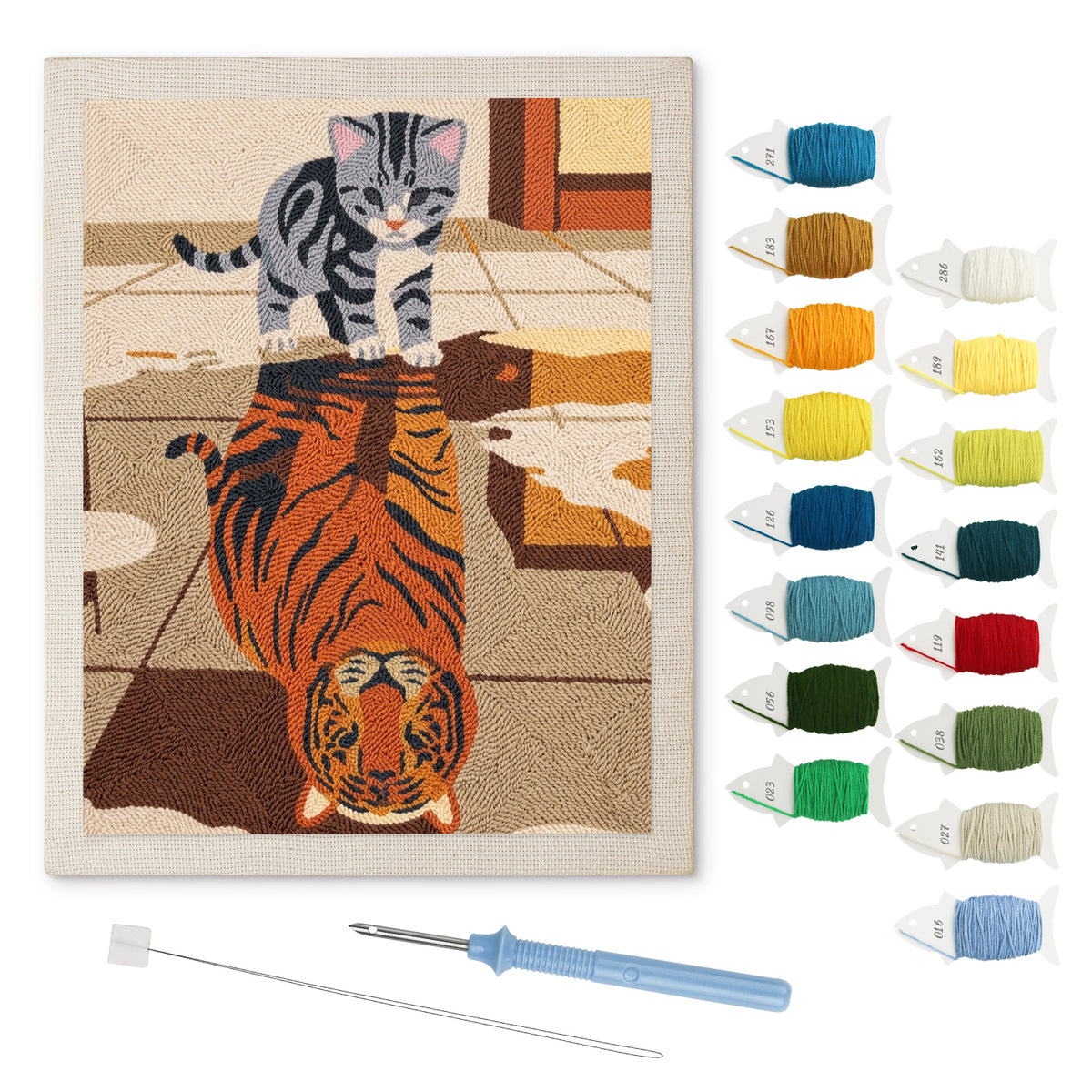 Tiger Reflection punch needle kit: finished canvas with threads, punch needle and threader