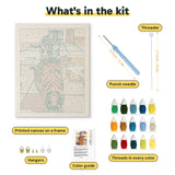 What is in the Tiger Reflection kit: printed canvas, punch needle, threader, threads, color guide and hangers