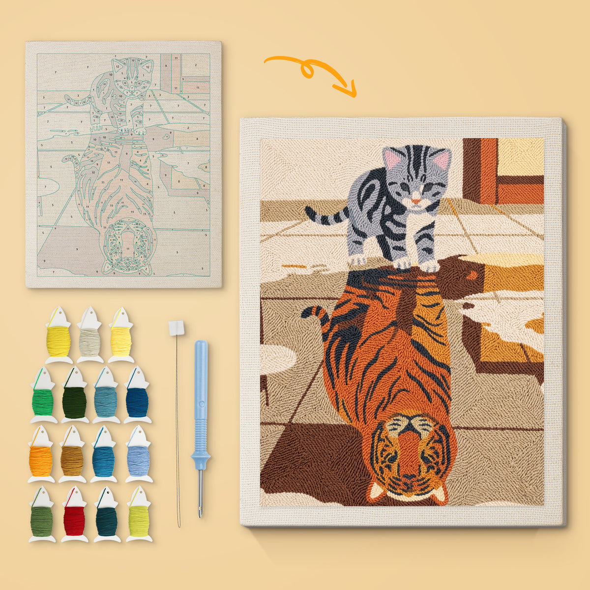 Tiger Reflection canvas before and after punching, with the threads and tools