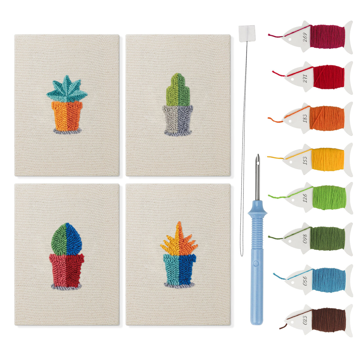 Tiny Cactus Garden mini punch needle kit set: four finished canvases with threads, punch needle and threader