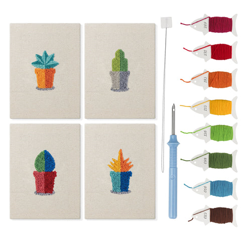 Tiny Cactus Garden mini punch needle kit set: four finished canvases with threads, punch needle and threader
