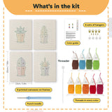 What is in the Tiny Cactus Garden set: 4 printed canvases, punch needle, threader, threads, color guide and 4 sets of hangers (6 × 8 in (15 × 20 cm) each)