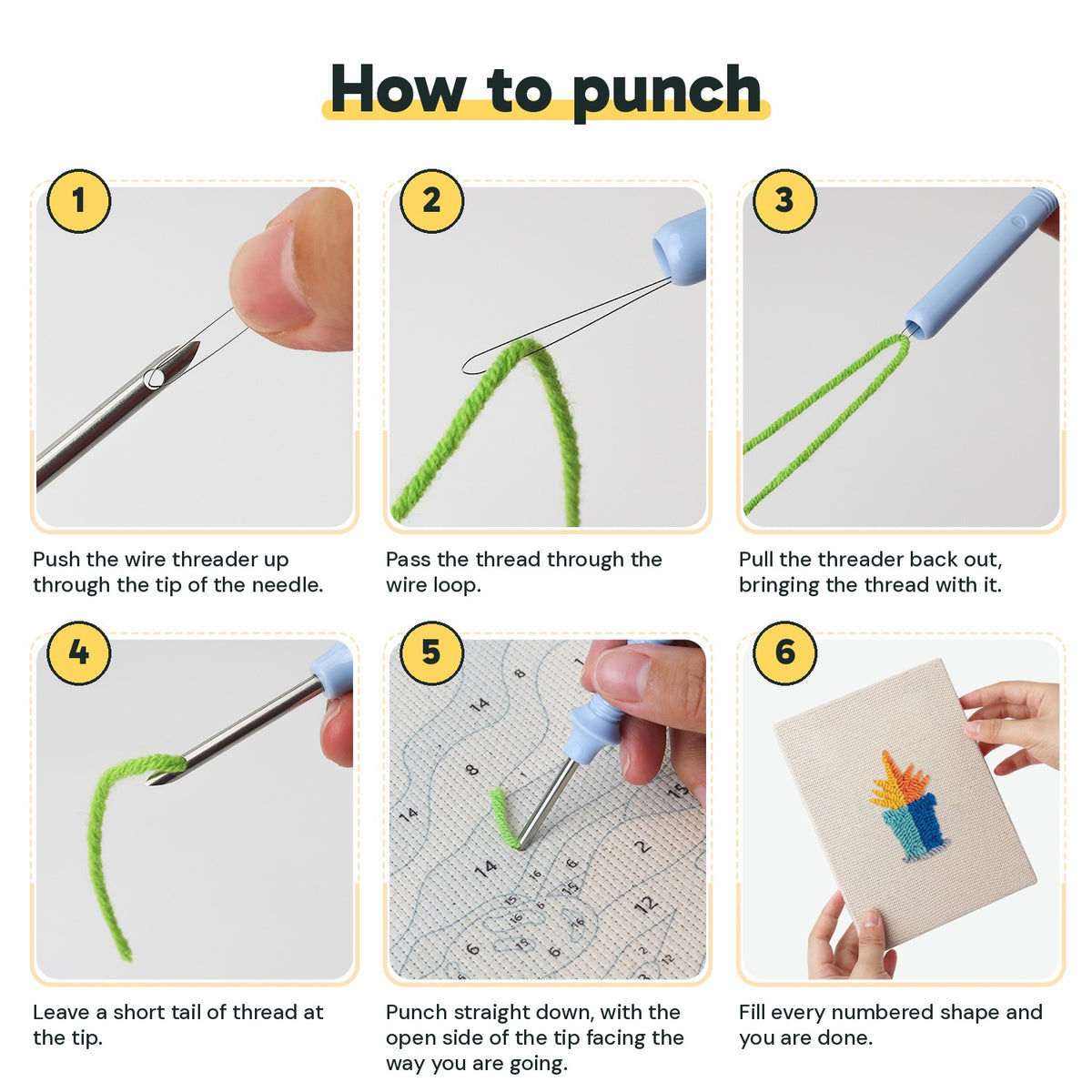 Six steps showing how to thread and use the punch needle