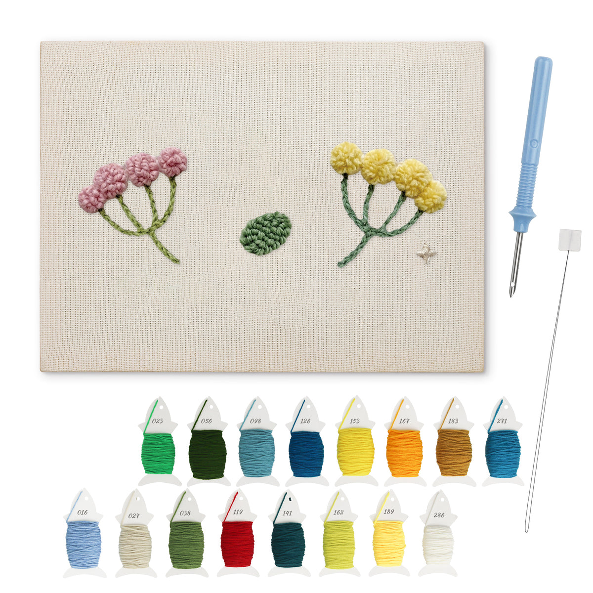 Tiny Wildflower Sprigs punch needle kit: finished canvas with threads, punch needle and threader
