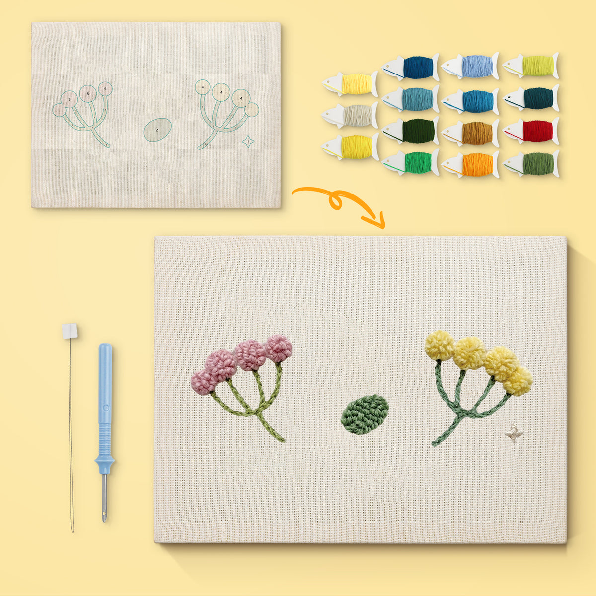 Tiny Wildflower Sprigs canvas before and after punching, with the threads and tools