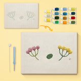 Tiny Wildflower Sprigs canvas before and after punching, with the threads and tools