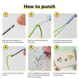 Six steps showing how to thread and use the punch needle