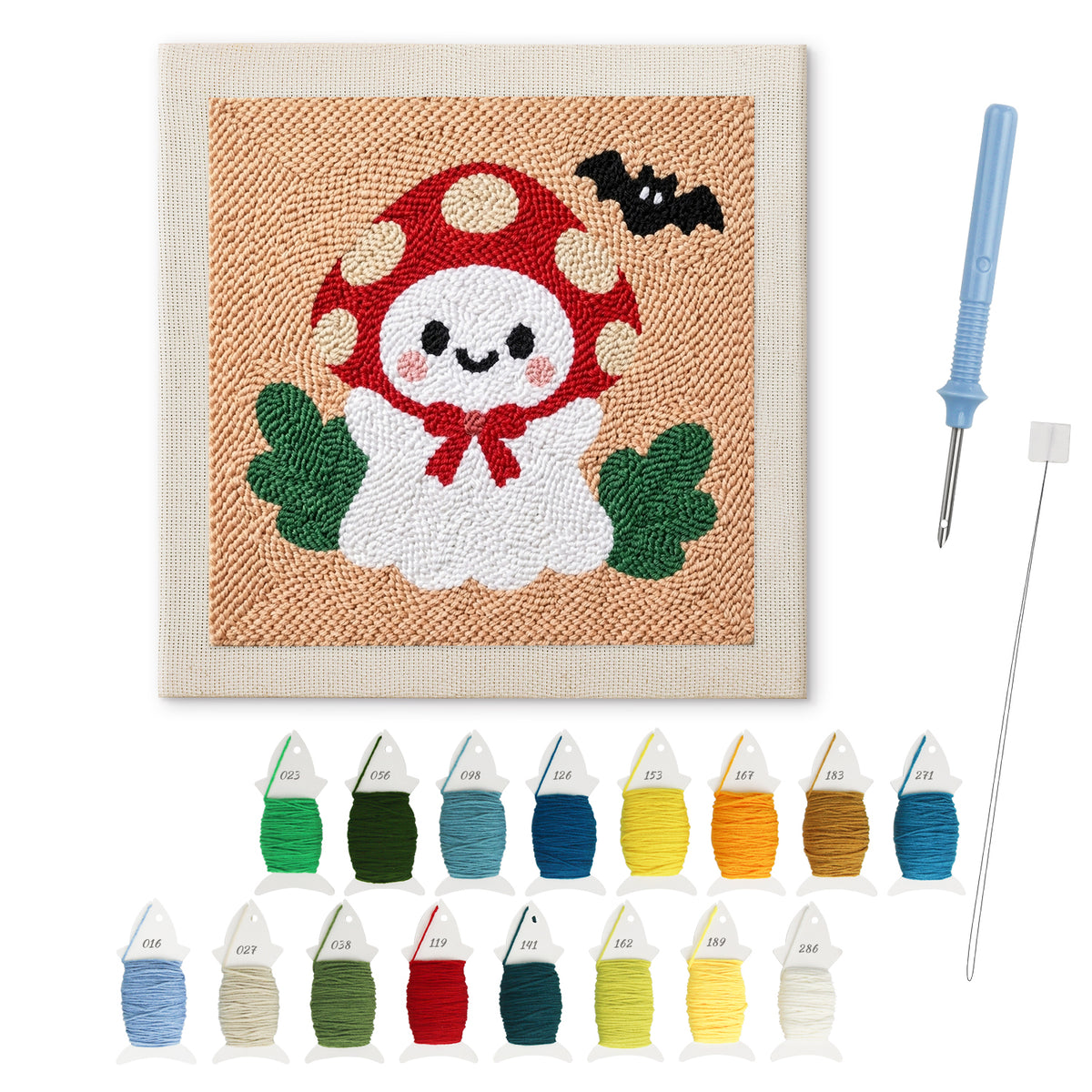 Toadstool Ghost punch needle kit: finished canvas with threads, punch needle and threader