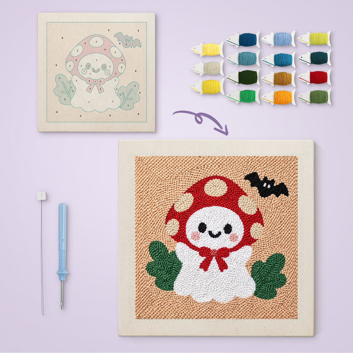 Toadstool Ghost canvas before and after punching, with the threads and tools