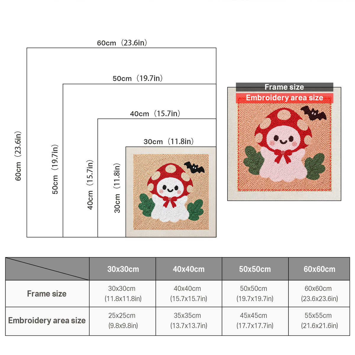Size chart for square punch needle kits from 30 x 30 cm to 60 x 60 cm
