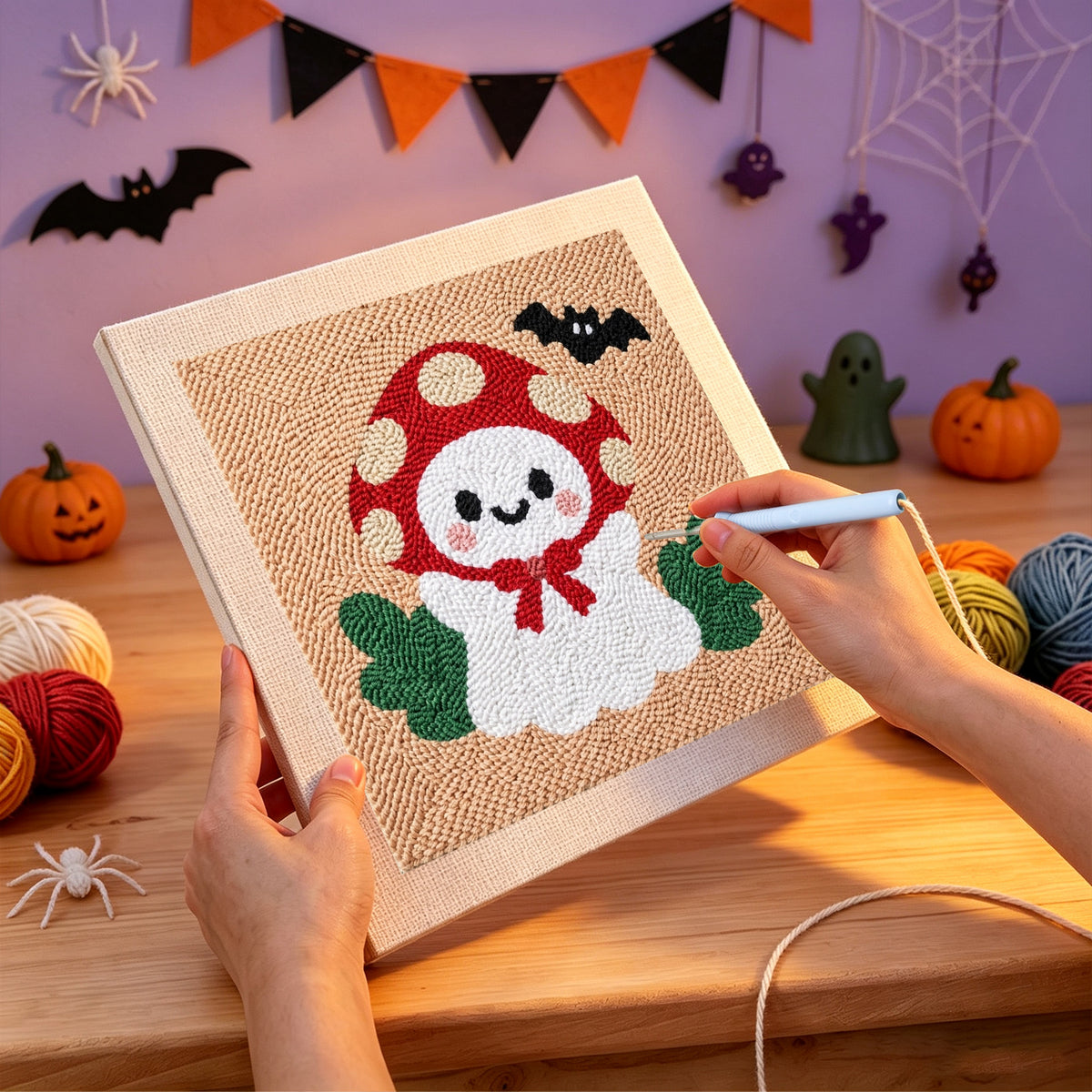 Punching the Toadstool Ghost design with the punch needle