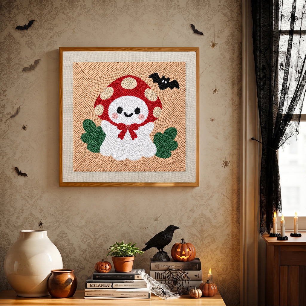 Finished Toadstool Ghost punch needle canvas on a wall