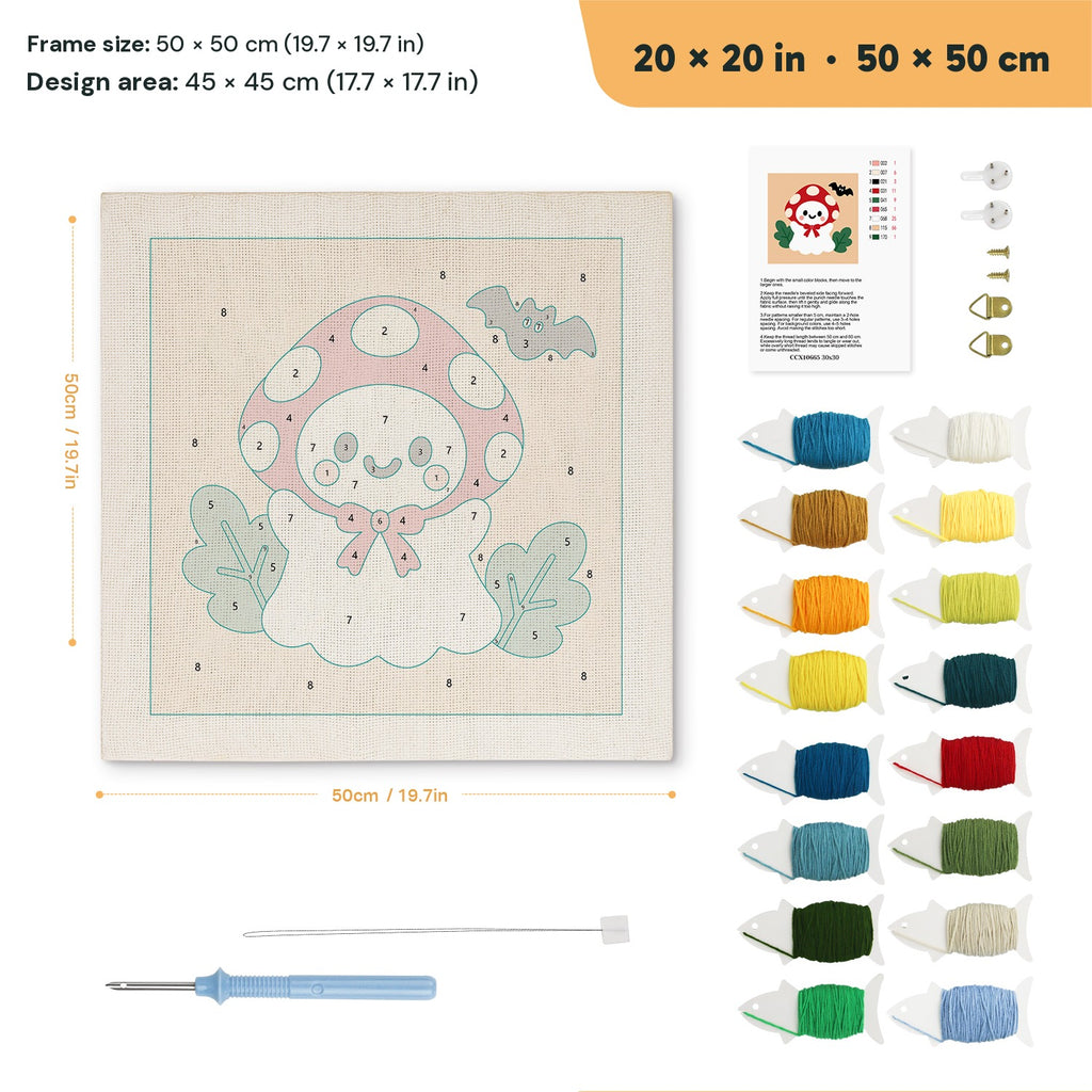 Toadstool Ghost punch needle kit, 20 × 20 in (50 × 50 cm): canvas size and kit contents