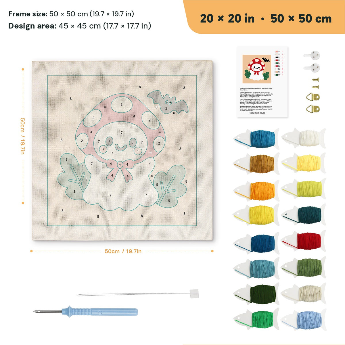 Toadstool Ghost punch needle kit, 20 × 20 in (50 × 50 cm): canvas size and kit contents