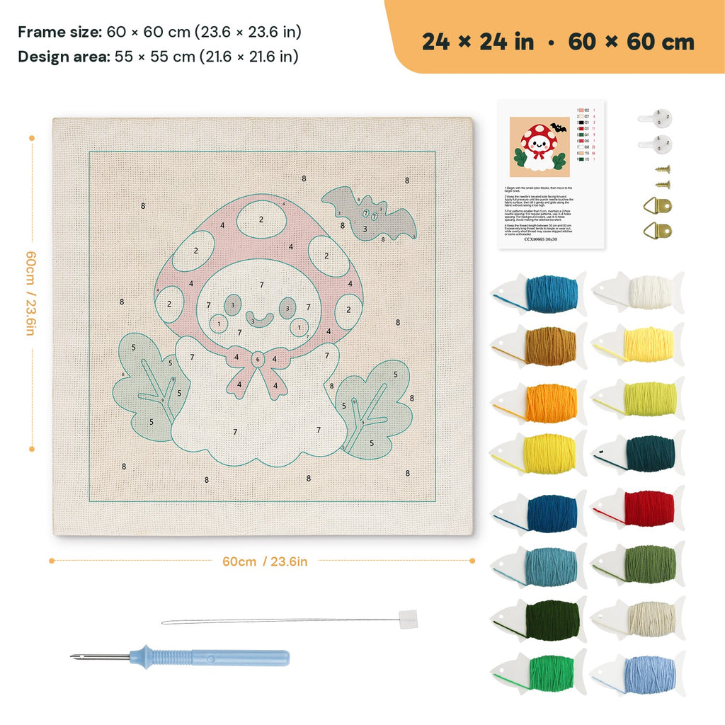 Toadstool Ghost punch needle kit, 24 × 24 in (60 × 60 cm): canvas size and kit contents