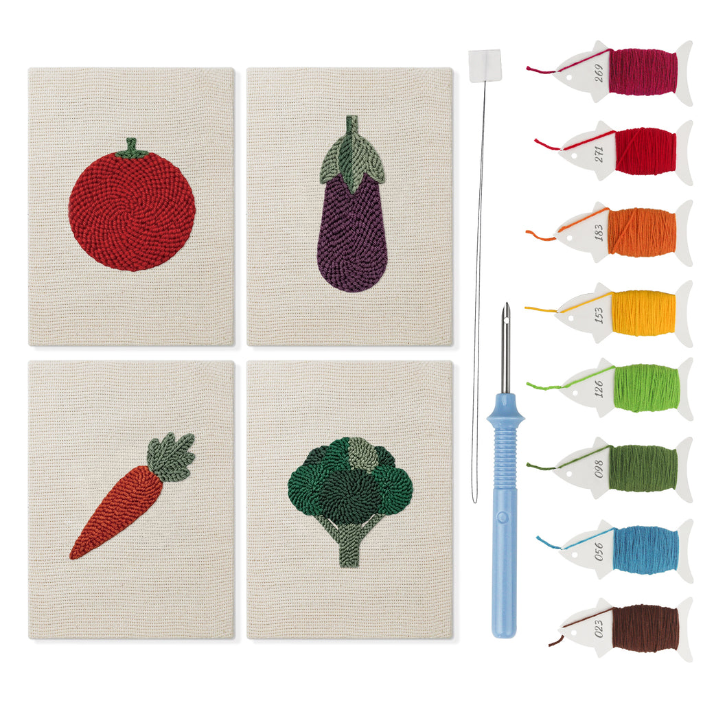 Tomato and Broccoli mini punch needle kit set: four finished canvases with threads, punch needle and threader