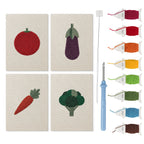 Tomato and Broccoli mini punch needle kit set: four finished canvases with threads, punch needle and threader