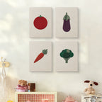 The four Tomato and Broccoli mini canvases on a wall above a shelf