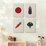The four Tomato and Broccoli mini canvases on a wall above a shelf