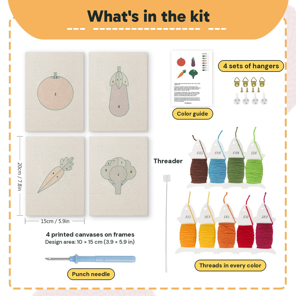 What is in the Tomato and Broccoli set: 4 printed canvases, punch needle, threader, threads, color guide and 4 sets of hangers (6 × 8 in (15 × 20 cm) each)