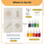 What is in the Tomato and Broccoli set: 4 printed canvases, punch needle, threader, threads, color guide and 4 sets of hangers (6 × 8 in (15 × 20 cm) each)