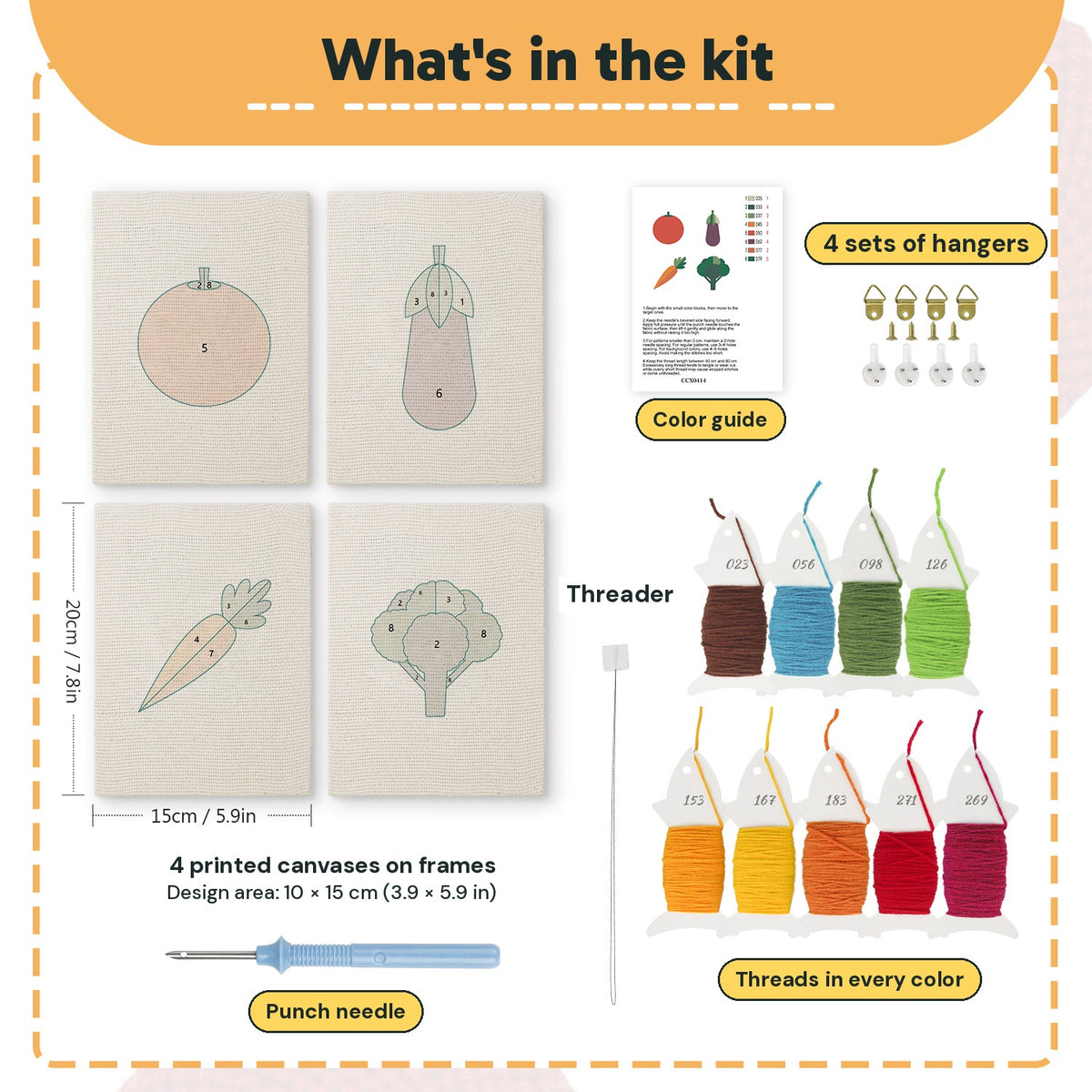 What is in the Tomato and Broccoli set: 4 printed canvases, punch needle, threader, threads, color guide and 4 sets of hangers (6 × 8 in (15 × 20 cm) each)
