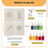 What is in the Tomato and Broccoli set: 4 printed canvases, punch needle, threader, threads, color guide and 4 sets of hangers (6 × 8 in (15 × 20 cm) each)