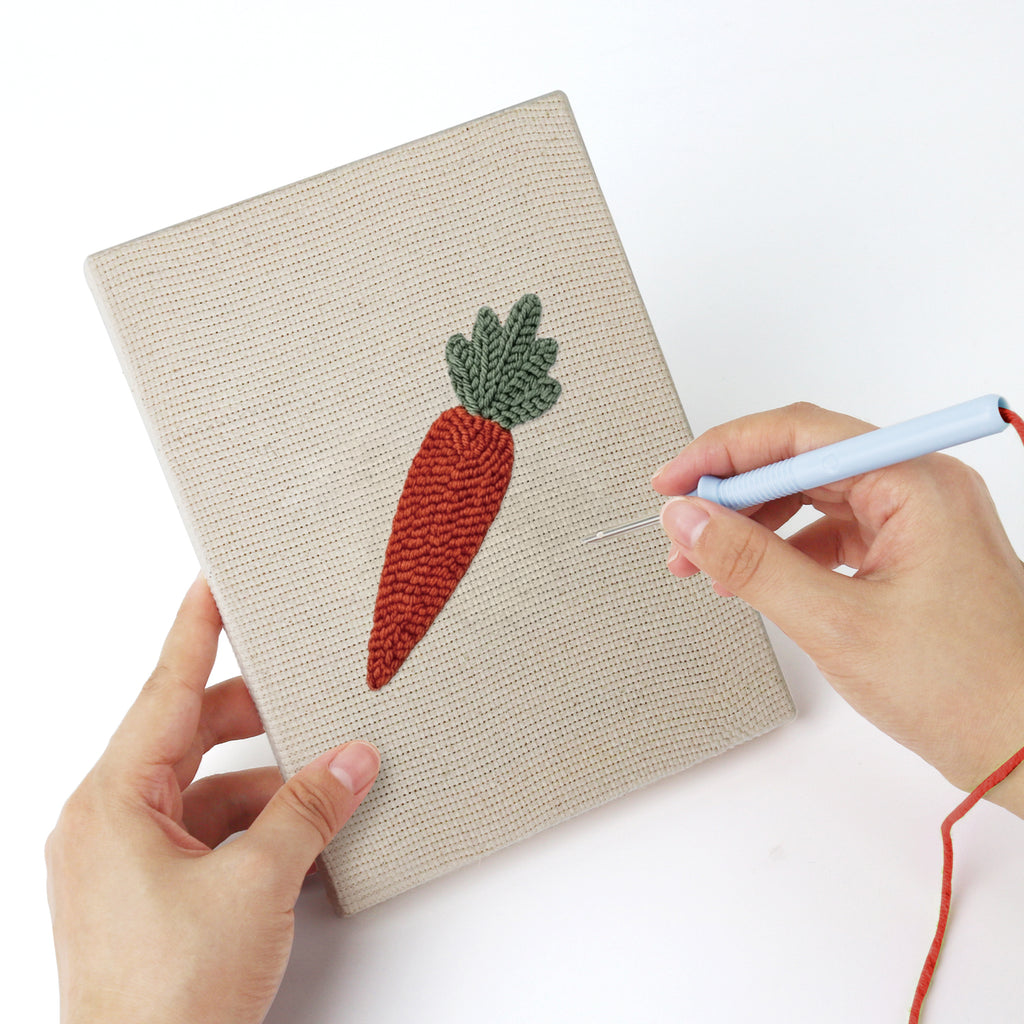 Punching a Tomato and Broccoli mini canvas with the punch needle