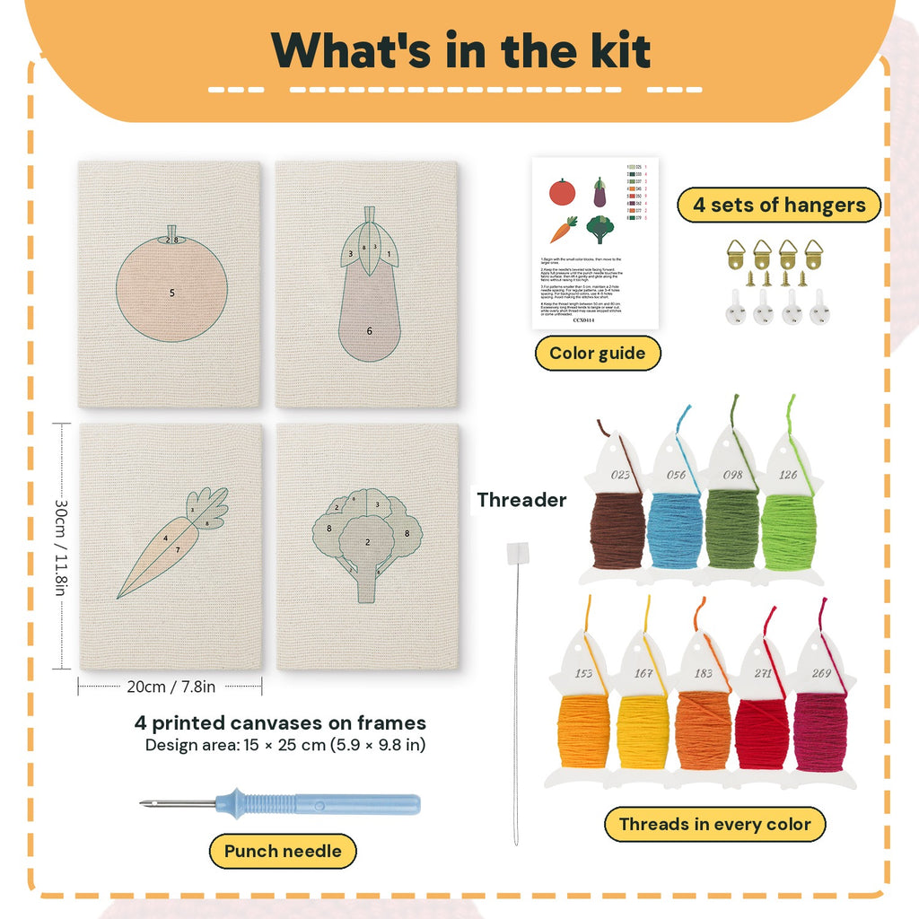 What is in the Tomato and Broccoli set, 8 × 12 in (20 × 30 cm) each: 4 printed canvases, punch needle, threader, threads, color guide and 4 sets of hangers
