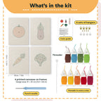 What is in the Tomato and Broccoli set, 8 × 12 in (20 × 30 cm) each: 4 printed canvases, punch needle, threader, threads, color guide and 4 sets of hangers