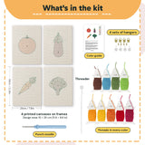 What is in the Tomato and Broccoli set, 8 × 12 in (20 × 30 cm) each: 4 printed canvases, punch needle, threader, threads, color guide and 4 sets of hangers