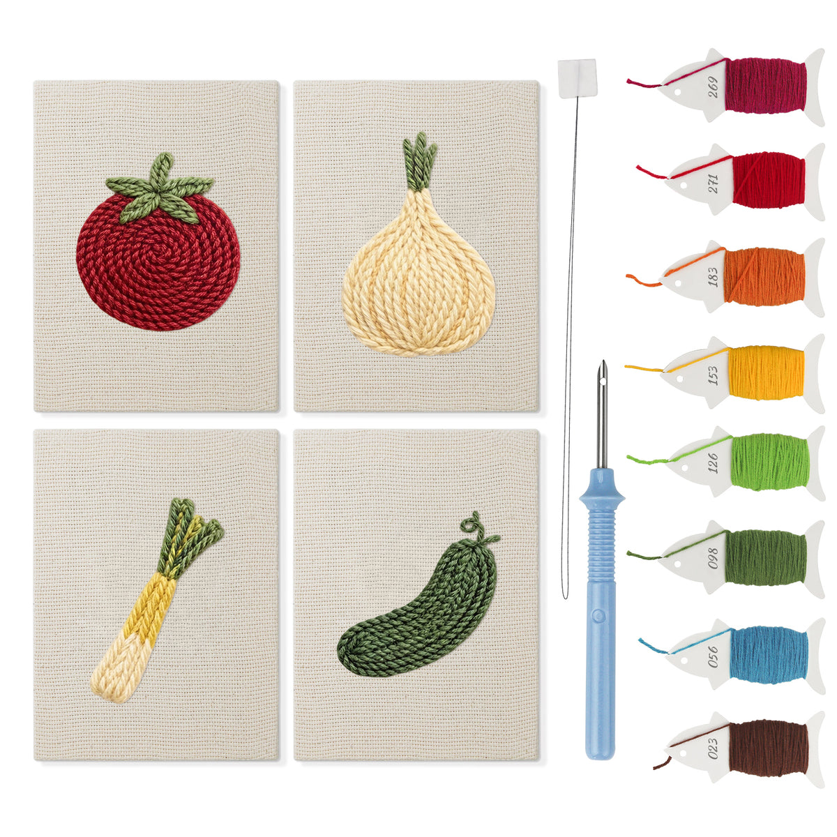 Tomato and Leek mini punch needle kit set: four finished canvases with threads, punch needle and threader