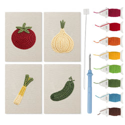 Tomato and Leek mini punch needle kit set: four finished canvases with threads, punch needle and threader