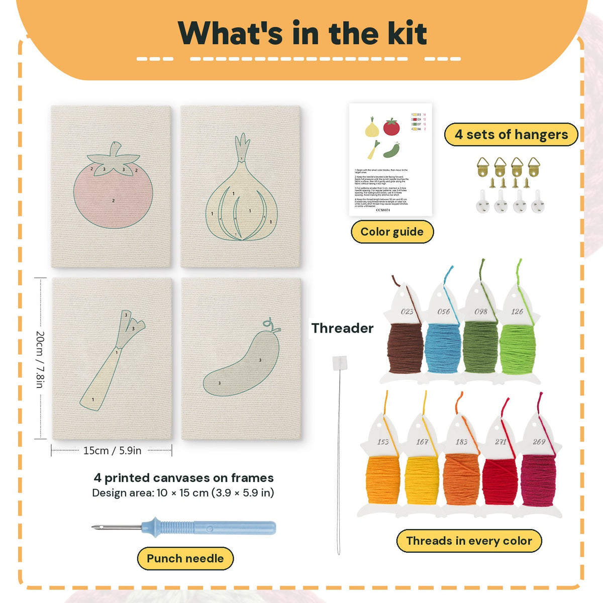 What is in the Tomato and Leek set: 4 printed canvases, punch needle, threader, threads, color guide and 4 sets of hangers (6 × 8 in (15 × 20 cm) each)