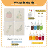 What is in the Tomato and Leek set: 4 printed canvases, punch needle, threader, threads, color guide and 4 sets of hangers (6 × 8 in (15 × 20 cm) each)