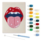 Tongue Out Lips punch needle kit: finished canvas with threads, punch needle and threader