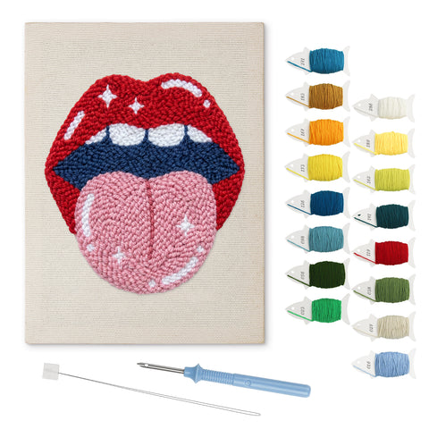 Tongue Out Lips punch needle kit: finished canvas with threads, punch needle and threader