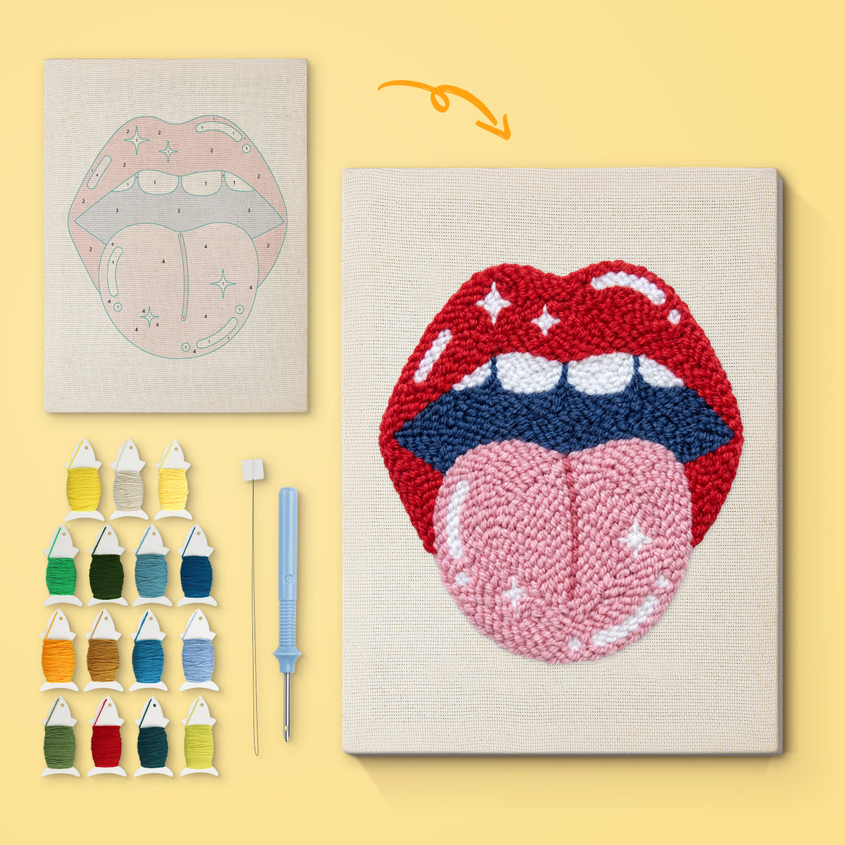 Tongue Out Lips canvas before and after punching, with the threads and tools