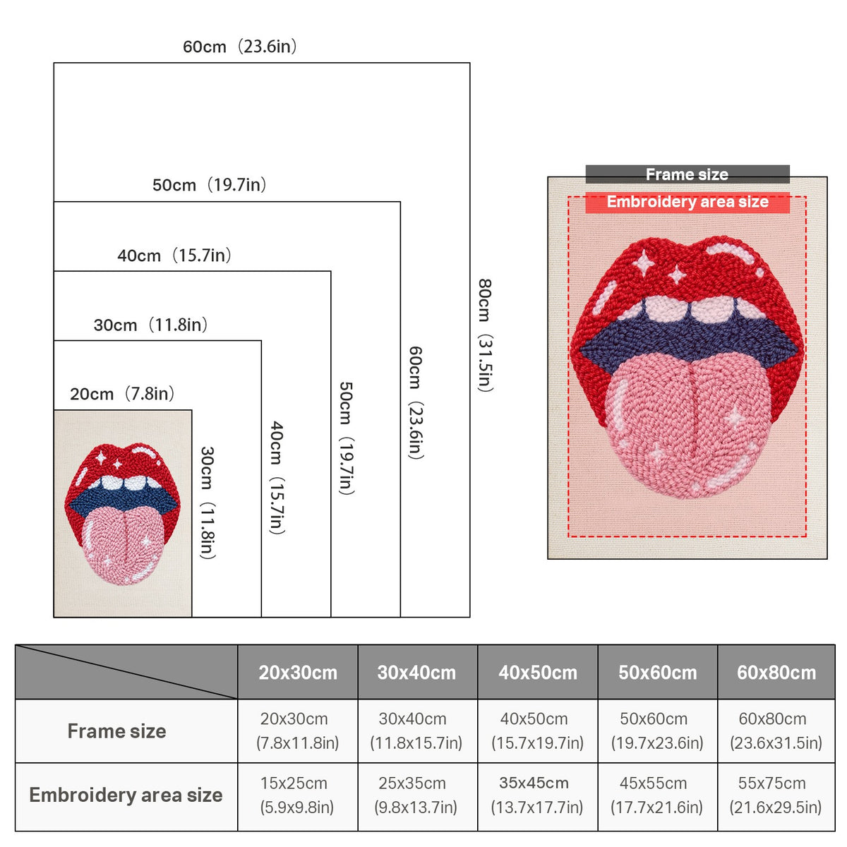 Size chart for punch needle kits from 20 x 30 cm to 60 x 80 cm
