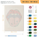 Tongue Out Lips punch needle kit, 20 × 24 in (50 × 60 cm): canvas size and kit contents
